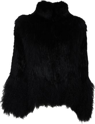 P.A.R.O.S.H. Black Bell-Sleeve Short Faux Fur Jacket