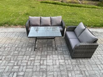 Fimous High Back PE Rattan Sofa Set Outdoor Garden Furniture Dining Table Set Love Sofa 3 Seater Sofa in Dark Grey