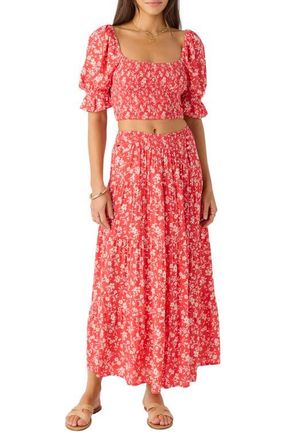 O'Neill Luciana Floral Smocked Waist Wrap Maxi Skirt in Cayenne at Nordstrom, Size Large