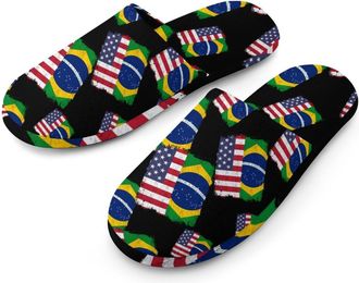 Generic U.S. And Brazil Flag Flannel Mens Slip-on Slippers Winter Warm House Shoes with Rubber Sole for Home Hotel