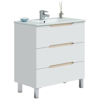 Dmora Dmora - Mobile sottolavabo Dianmu, Mobiletto da bagno, Contenitore porta lavabo, Armadio per lavandino, 80x45 h86 cm, Bianco lucido e Rovere
