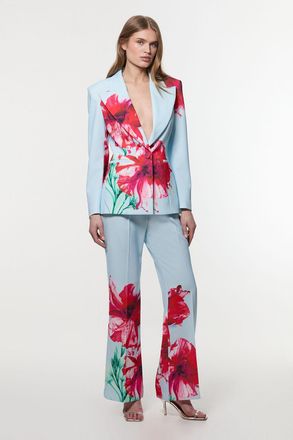 Karen Millen Womens Tailored Crepe Placed Floral Wide Leg Trouser - Blue - Size 8 UK