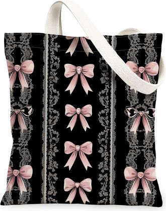 Generic Vintage Elegant Black Canvas Tote Bags, Ribbon Lace Pattern Reusable Grocery Bags, Lightweight Washable Shoulder Strap Canvas for Travel Beach Shoppin