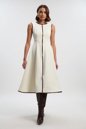 Karen Millen Womens Compact Stretch Pu Mix Sleeveless Full Skirted Tailored Midi Dress - White - Size 10 UK