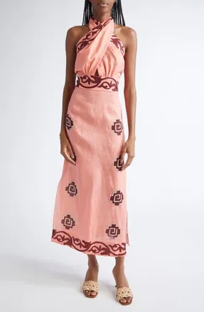 Johanna Ortiz Energetic Patterns Linen Halter Dress in Pink /Wine/Red at Nordstrom, Size 2