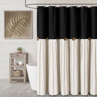 OEM Cortina De Ducha De Lino Con Botones - 91&times;183 Cm - Ideal Para Decoraci&oacute;n De Ba&ntilde;o De Estilo R&uacute;stico - Patchwork Negro Y Beige