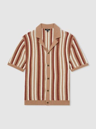 Reiss Camel Multi Cotton Crochet Stripe Cuban Shirt, L