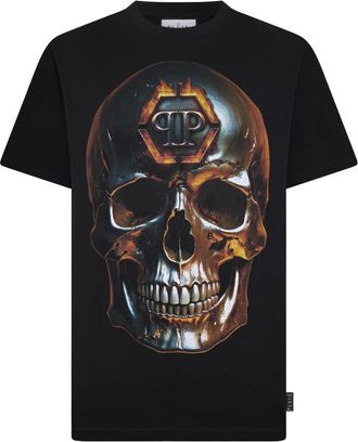 Philipp Plein Tops, Heren, Zwart, M, Katoen, Round Neck T-Shirt Lava Skull