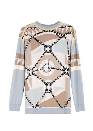 Herm&egrave;s Blue and Beige Figure Artistique Silk & Cotton Jumper Size L