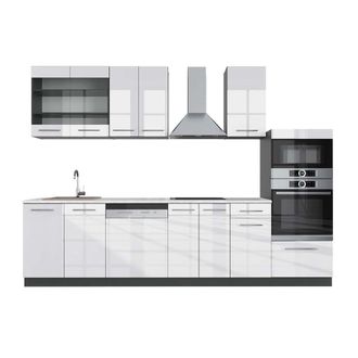Vicco Mueble De Cocina Fame-line, Blanco Brillo/antracita, 300 Cm Con Armario Alto, Et M&aacute;rmol, Vicco
