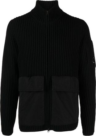 C.P. Company Lens-detail ribbed-knit cardigan - men - Polyester/Polyamide/Wool - 50 - Black