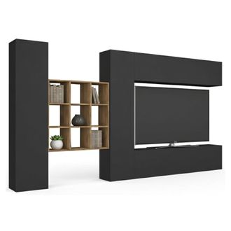 Dmora Dmora - Pared Equipada Dfallic, Conjunto De Sal&oacute;n Mueble Tv Con 4 Puertas, Mueble De Sal&oacute;n Polivalente, 100% Made In Italy, Cm 350x30h180, Antracita