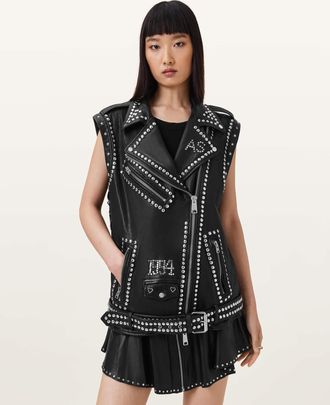 AllSaints Sheep Leather Billie 1994 Studded Leather Gilet, Size: XS