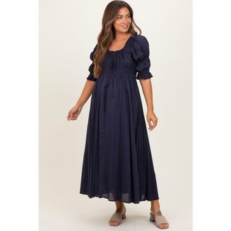 Pinkblush Smocked Ruffle Square Neck Midi Dress in Navy Blue at Nordstrom, Size Medium