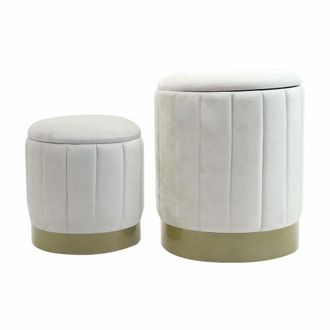 Mobili Rebecca Juego de 2 poufs de almacenamiento en tela efecto terciopelo blanco