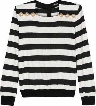 Balmain Zwart Gestreepte Jersey Top - Dames - Ronde hals truien - Zwart - L - Katoen - Truien & Vesten