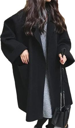 Generic Women Winter Woolen Vintage Mid-Length Loose Turn-Down Collar Trench Coats black 2XL (75-85kg)