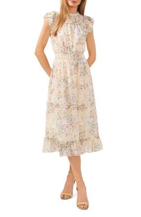 CeCe by Cynthia Steffe Floral Ruffle Midi Dress in Egret at Nordstrom, Size X-Large