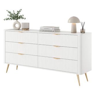 Dmora Credenza Hali, Aparador 6 Cajones, Un Estante, Apertura Deslizante, 163x38x81h Cm Blanco