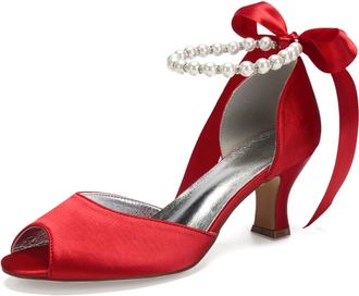 Generic Wedding Bridal Shoes Womens Bridal Low Heels Sandals Wedding Open Toe Pumps Bridal Formal Evening Prom Party Dress Shoes 6.5Cm,red,7 UK