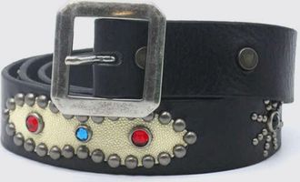 HTC Cintura in pelle nera con ricami e fibbia squadrata