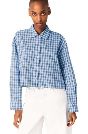 Maje Rhinestone shirt with removable tie in Blue Check Print at Nordstrom, Size X-Small