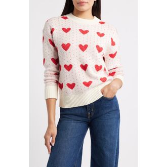 Caslon Jacquard Heart Crewneck Sweater in Ivory Pristine- Red Heart at Nordstrom Rack, Size X-Small