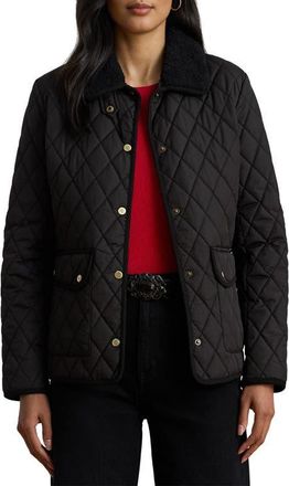 Lauren Ralph Lauren Quilted Faux Shearling Collar Jacket in Black at Nordstrom, Size X-Small