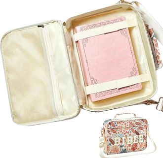 Generic Bible Cover | Chenille Letter Adjustable Shoulder Strap Protective Holder - Flowers Print Bible Carrying Bag with Handle,for Women Teacher Travel Home