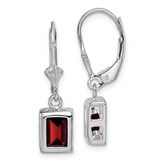 Diamond2Deal Sterling Silver Rhodium Plated 7x5 Emerald Cut Garnet Drop Earrings