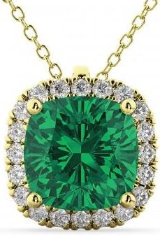 Allurez Halo Emerald Cushion Cut Pendant Necklace 14k Yellow Gold (2.02ct)