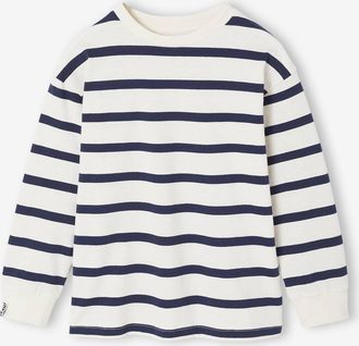 Vertbaudet Gestreiftes Jungen Rundhals-Shirt mit Recycling-Baumwolle wollweiß