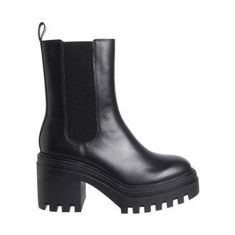 Calvin Klein Jeans Zwarte Chunky Heeled Chelsea Enkellaarzen - Dames - Laarzen met Hak - Zwart - 40 EU - Leer - Schoenen