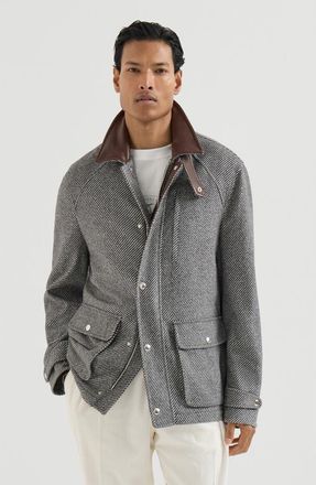 Brunello Cucinelli Cashmere and silk diagonal field jacket with nappa leather inserts in Medium Grey at Nordstrom, Size 52