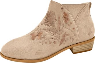 Generic Stylish Women Autumn Ankle Boots with Square Heel Flock Zipper Floral Embroidered Round Toe Booties for Fashion Footwear (Khaki, 6.5)