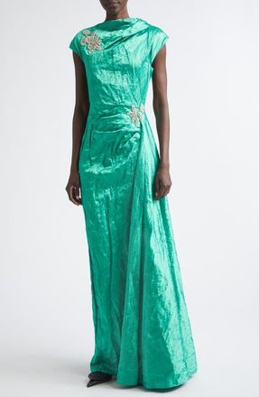 Erdem Embellished Asymmetric Crushed Satin Gown in Sea Green at Nordstrom, Size 10