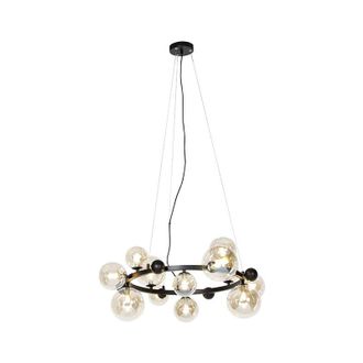 QAZQA Qazqa Art D&eacute;co L&aacute;mpara Colgante Inteligente Negra Con Cristal &Aacute;mbar 12 Luces Incl. 12 Wifi G9 - David Acero /vidrio Redonda /esfera Adecuado Para Led 