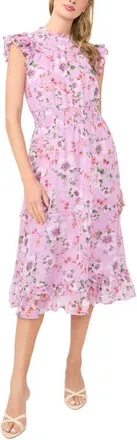 CeCe by Cynthia Steffe Floral Print Flutter Sleeve Smocked Midi Dress in Fair Orchid at Nordstrom, Size X-Large