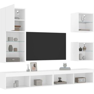 vidaXL vidaXL Mobili TV a Muro con LED 5pz Bianchi in Legno Multistrato