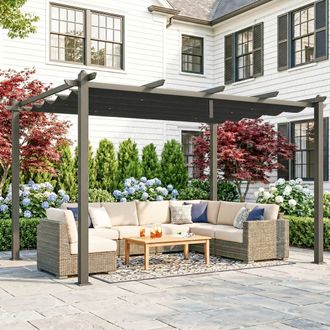 OUTSUNNY Aluminium Pergola with Retractable Roof, Garden Gazebo Canopy in Dark Grey