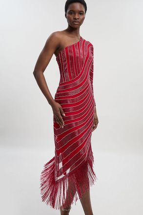 Karen Millen Womens Petite Thigh high Split Embellished Woven Fringed Midi Dress - Red - Size 14 UK