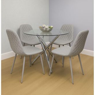 Kosy Koala Round Clear Glass Dining Table With 4 Grey Gem Pattern Chairs Dining Room Furnitre