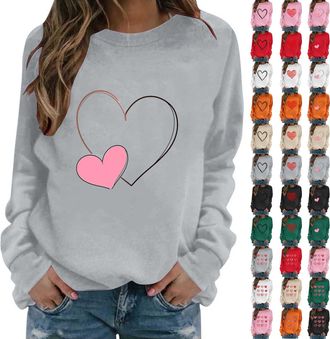 Generic Valentines Day Women Tops Long Sleeve Heart Graphic Shirt Crewneck Casual Shirts Blouse Clothes for Everyday Wear Work Travel Date Outing Holiday Stre