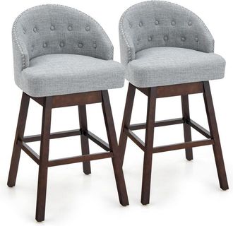 Costway Taburetes de Bar Giratorios, Taburetes Altos de Cocina con Patas de Madera de Caucho y Respaldo Acolchado, Tela de Lino Transpirable, Diseño