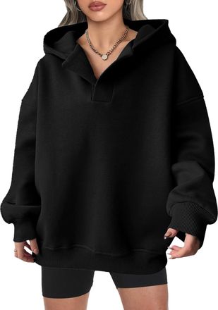 Generic Womens Black Hoodie Womens Oversized Hoodies V Neck Sweatshirts Fleece Long Sleeve Pullover Y2k Clothes 2025 Fall Black XX-Large