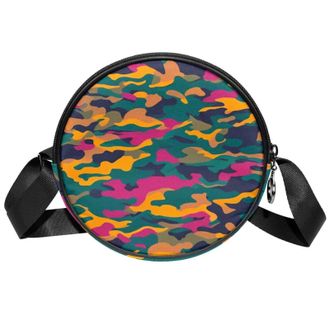 Generic Circle Crossbody Bag for Women, Colorful Camouflage Small Sling Bag Daypack with Zipper Adjustable Shoulder Straps Casual Ladies Girls Round Purse