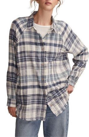 Lucky Brand Frayed Plaid Button-Up Tunic Shirt in Blue Plaid at Nordstrom, Size Large