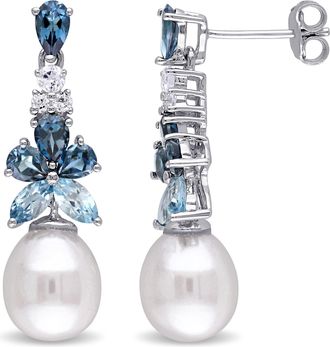 Mimi & Max London Sky Blue and White Topaz 8.5-9mm White Cultured Freshwater Pearl Earrings in Sterling Silver