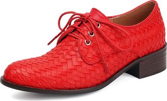Generic Womens Low Block Heel Oxford & Derby Shoes Round Toe PU Leather Brogue Shoes Lace Up Casual Shoe,Red,7.5 UK