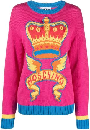 Moschino patterned-intarsia knit logo jumper - women - Cotton/Polyamide - 36 - Pink